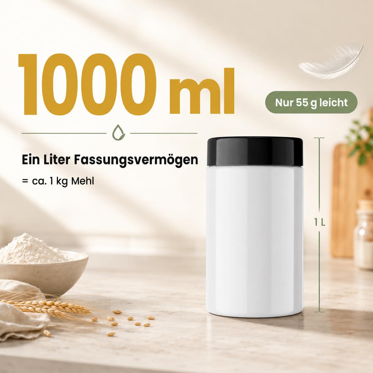 POSH Barattoli ermetici, 150 x 1 l, in PET per uso alimentare, con coperchio a vite, contenitori in plastica bianca con coperchio, per farina, caffè, tè, erbe, barattoli in plastica rotondi impilabili