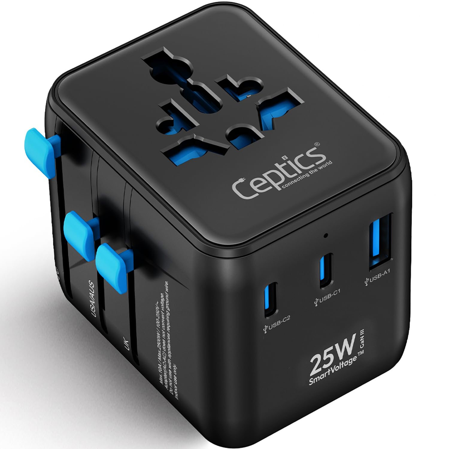 Ceptics 5 in 1 Universal Travel Adapter, Fast Charging with 2 USB-C 20W and QC 3.0 USB-A Port, All-in-One International Charger for EU, UK, USA, AUS – Black, Lifetime Limited Warranty