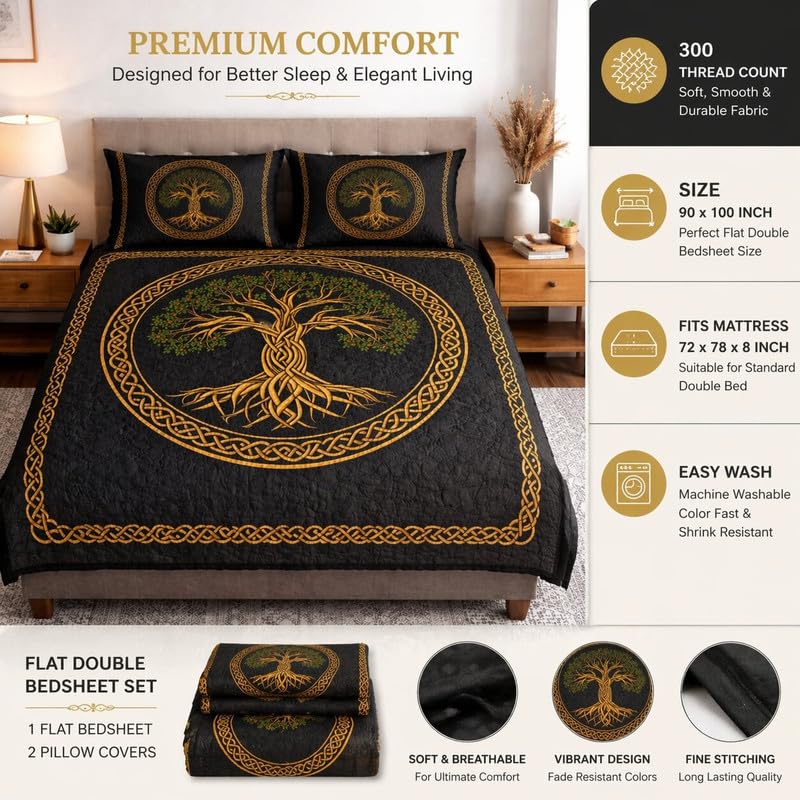 Image of Akshya Double Bedsheet King Size (90x100 Inch) with 2 Pillow Covers | 300 TC Microfiber Soft Bedsheet | Grey Tree Nature Printed Bedsheet for Double Bed