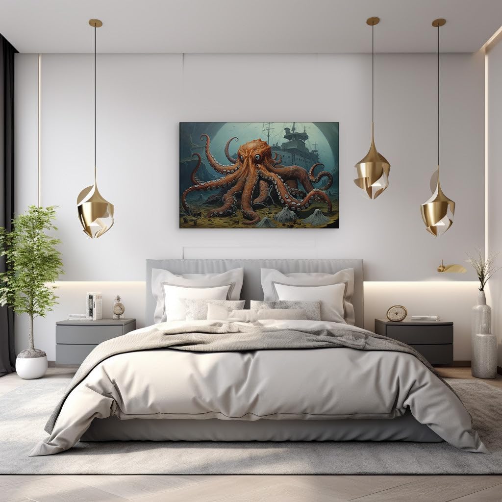 Canvas for Living room. Mysteries of the Deep: The Octopus Guardian and the Sunken Ship's Last Stand, 27 x 18 inch Canvas Wall Art - Ready to Hang - 69x46 cm (27x18 inch)
