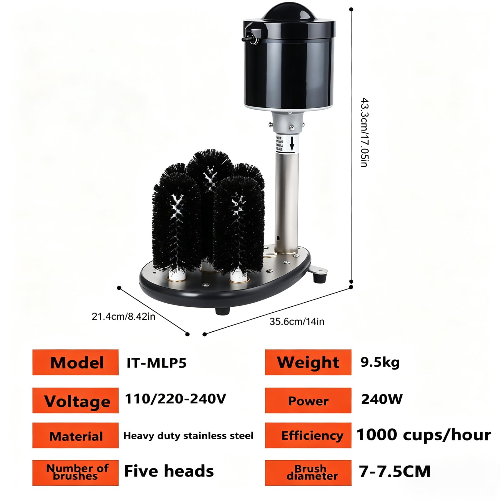 Lave-Verres Électrique, Machine Professionnelle de Nettoyage des Verres à Vin avec 5 Brosses et Nettoyage à 360°, Polisseuse Automatique Verticale en Acier Inoxydable pour 600 Verres/Heure pour Bar