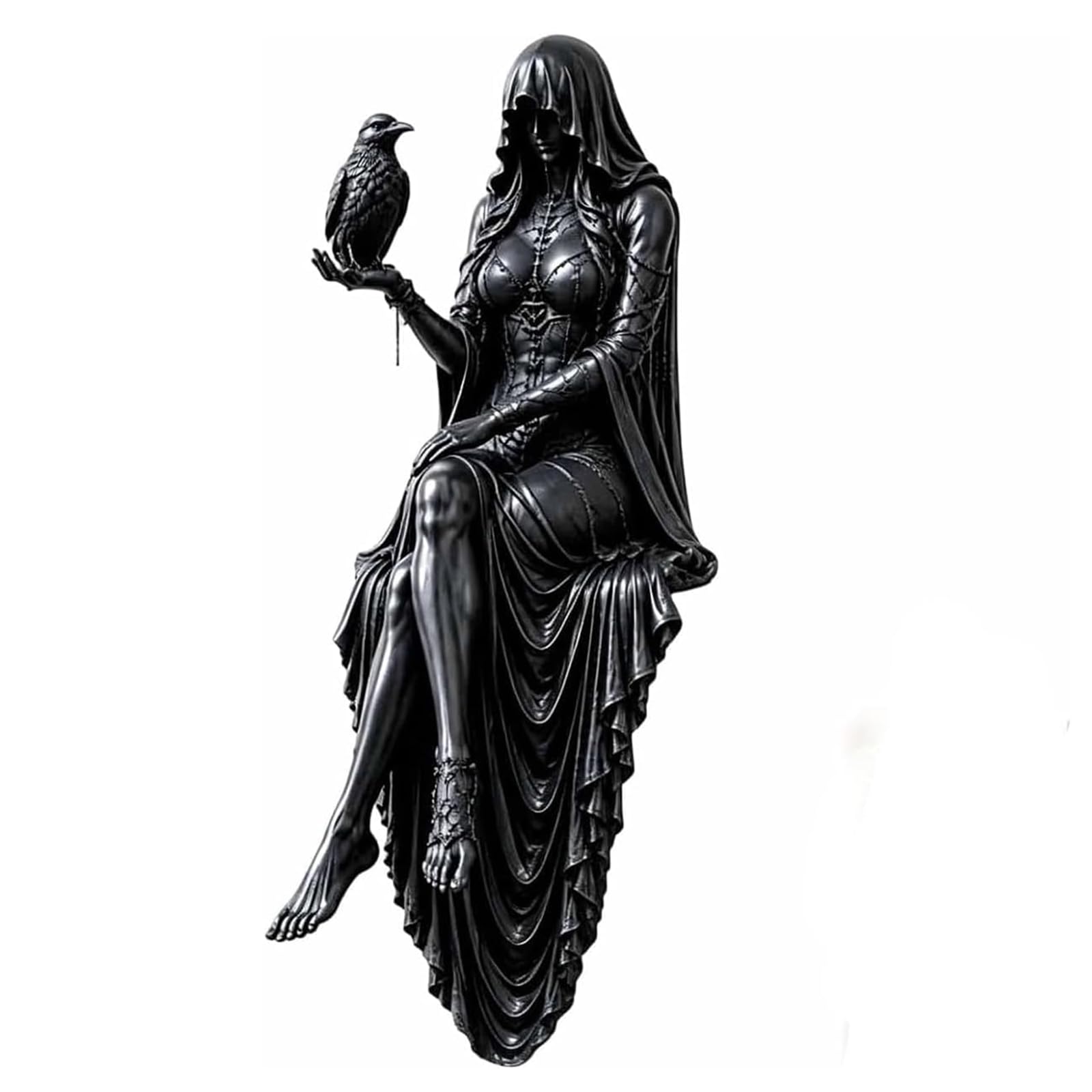 Gothic Raven Shelf Sitter Statue, Resin Statue Gift for Bookworms & Literature Fans Hooded Lady Reaper Figurine Hooded Mysterious Lady Sculpture for Home Office Apartment Bar Bedside Shelf
