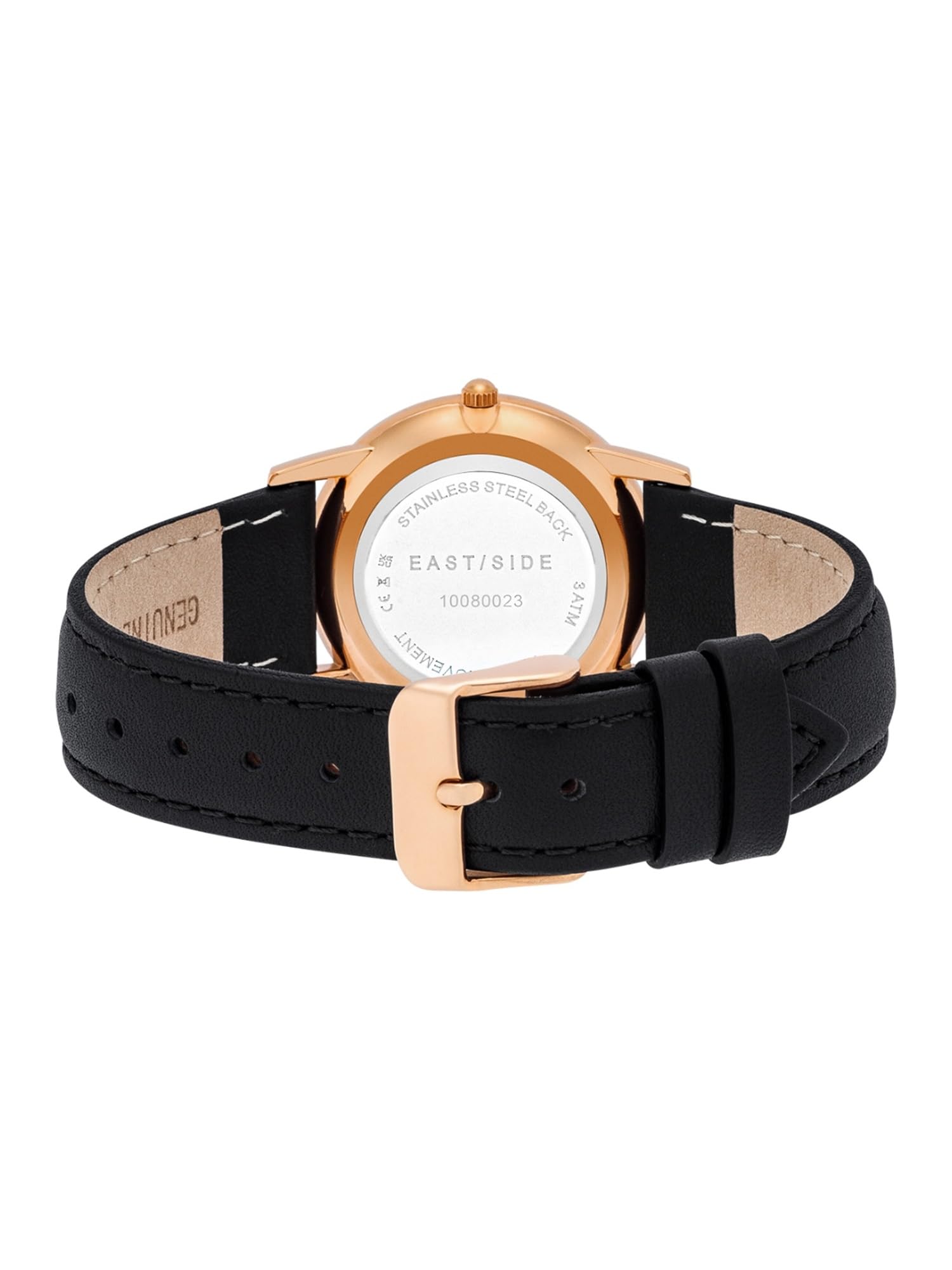 Eastside Damen Uhr Roségold mit Echtleder Armband Schwarz 3 ATM Quarzwerk | analog,Mineralglas,Strichindizes,Schwert-Zeiger,Armbanduhr,Fashionuhr,10080023
