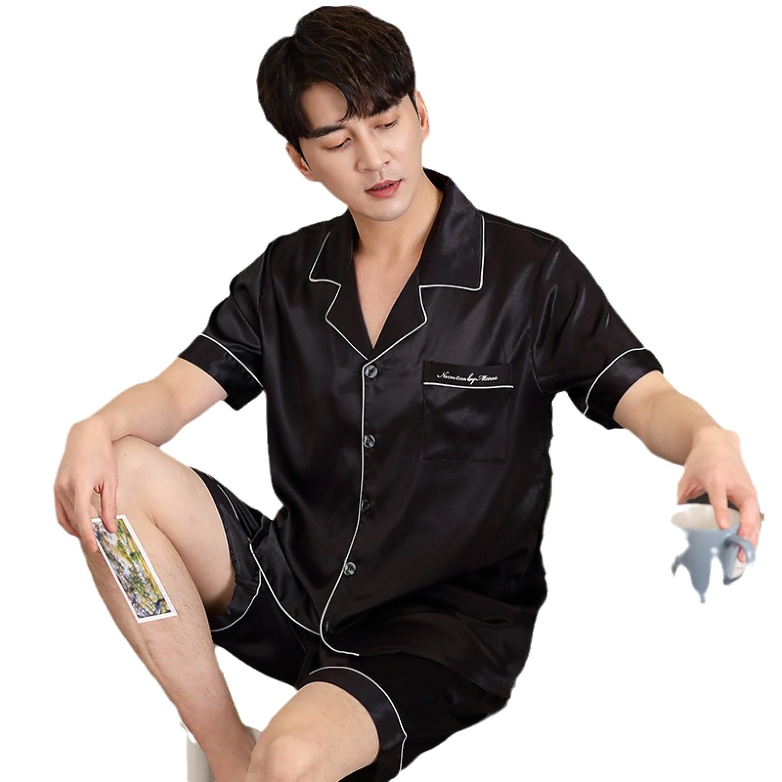DELIGUO Satin Pijamas Set Para Hombre - Pantalones Cortos De Manga Corta De Verano, Ropa De Dormir Informal Holgada, Ropa De Casa Negra Clásica, Ropa De Dormir De Dos Piezas De Seda Helada Con Solapa Trans