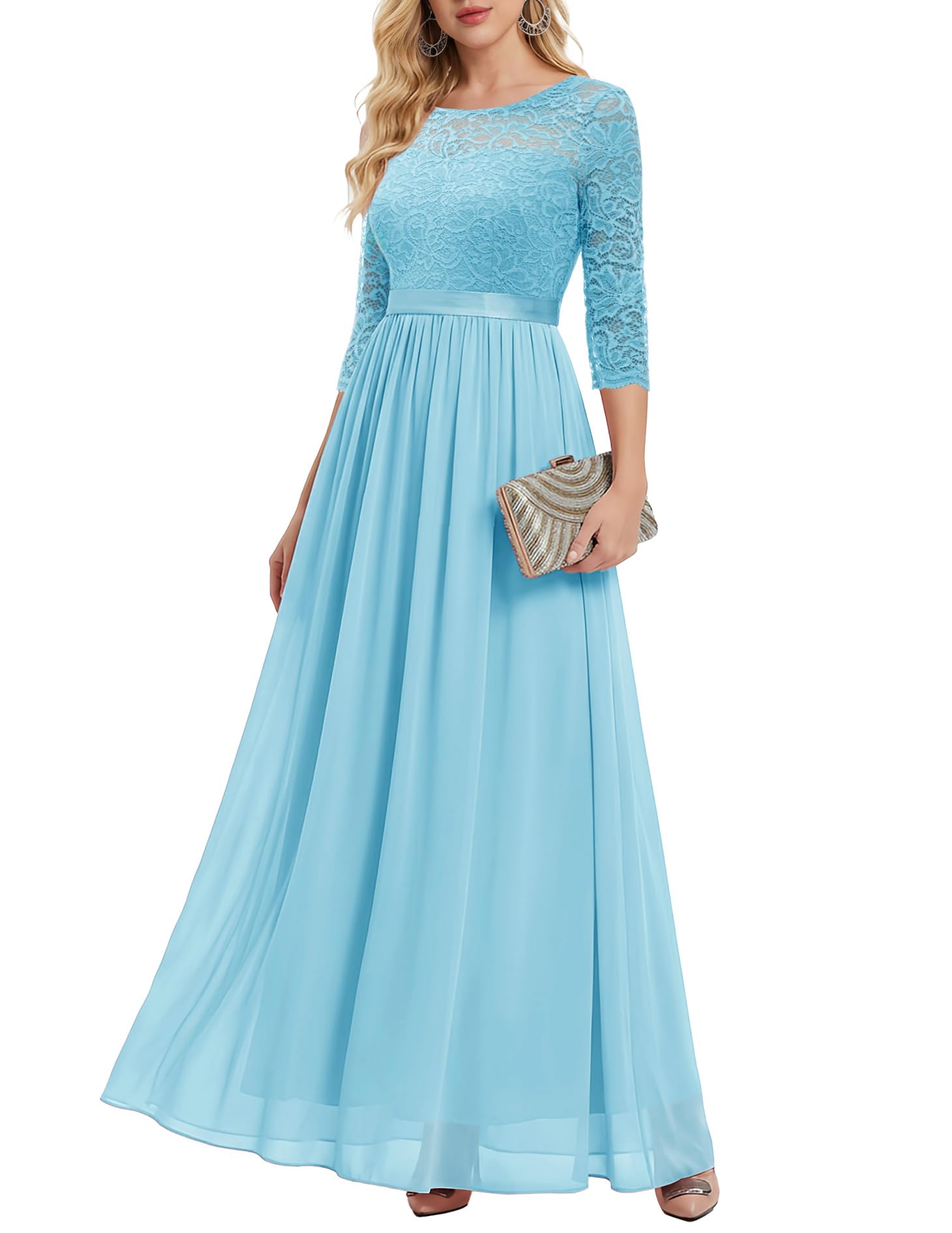 BeryLove Women Long Sleeve Formal Party Dress Lace Wedding Guest Maxi Dresses Elegant Cocktail Evening Gowns