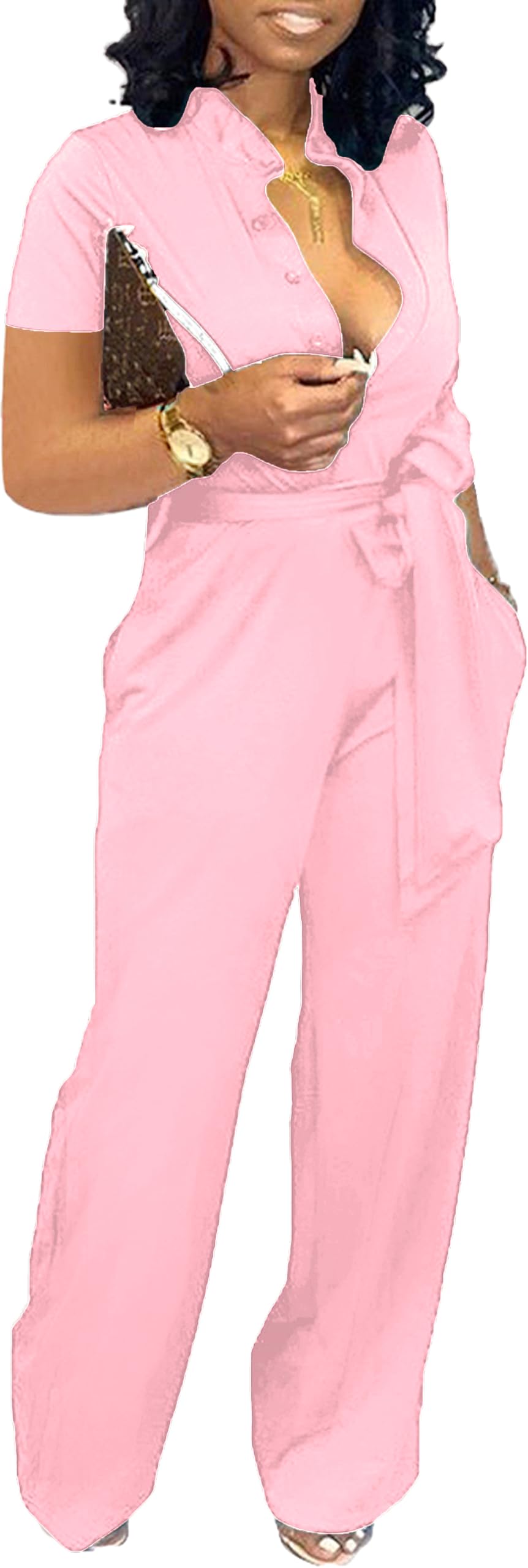 Yiershu Formal Jumpsuit for Women Dressy Short Sleeve Long Straight Pants | Sexy V Neck Pants Romper Short Sleeve Button Down Straight Leg Pants
