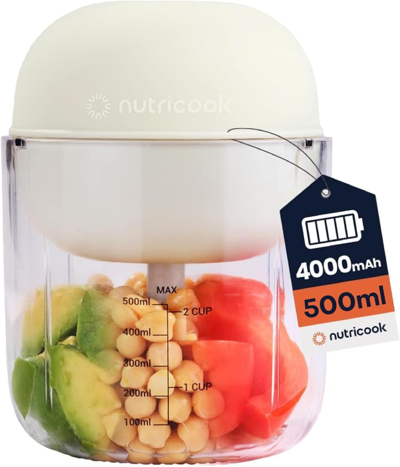 Nutricook Choppi Cordless Rechargeable Chopper, Pulse&Steady Modes, 500ml BPA Free Tritan Cup, 4000 mAh Battery, SS 304 Quad Blade, CH600, Desert Sand, Designed in California, 2 Years limited Warranty