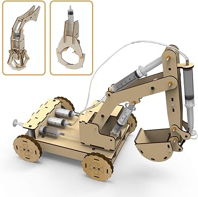 3D Wooden Construction Excavator Vehicle Toys Set, STEM Science Kit with Air Pressure System to Build A Wood Excavator Model Including 3 Replaceable Gripper & Digger for Kids