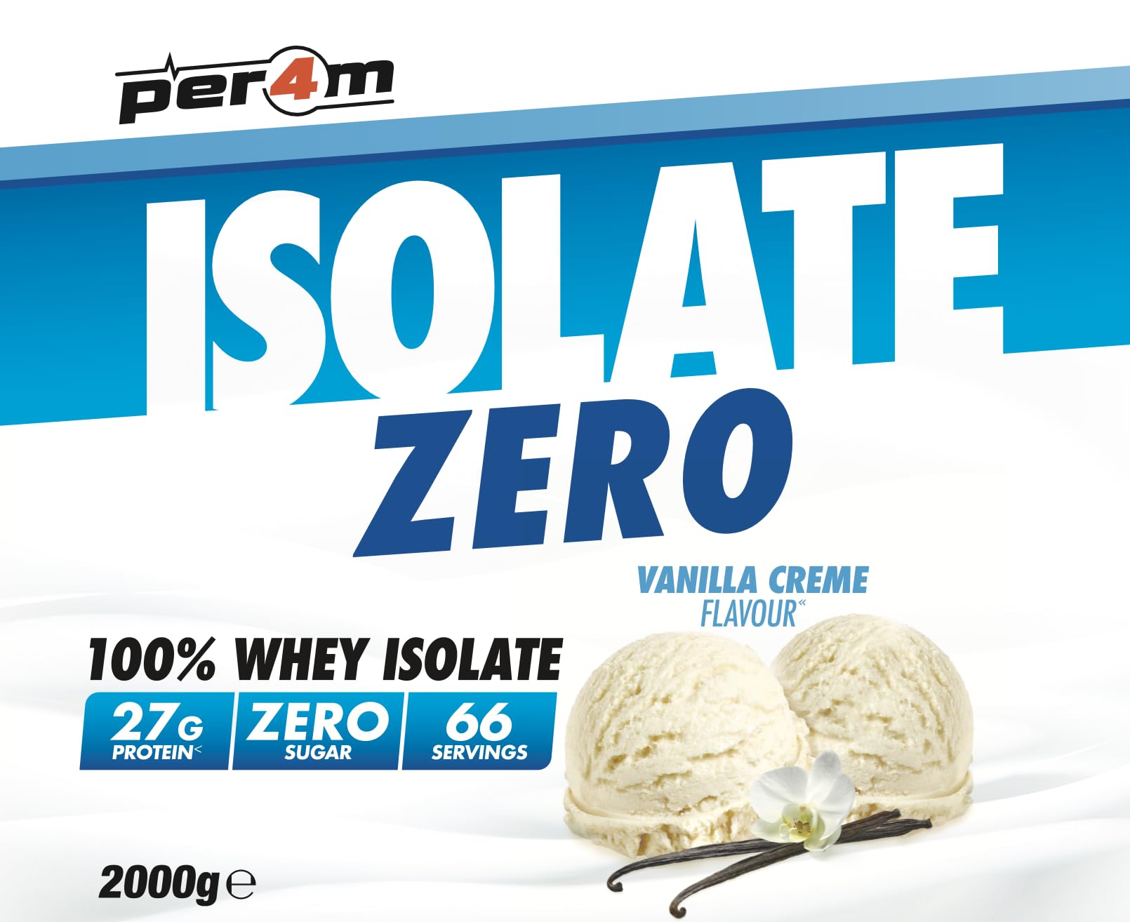 Per4m Isolate Zero, hochreines Proteinisolat, maximaler Proteingehalt bei minimalem Fett & Zucker, laktosereduziert & gut verträglich, für Kraft & Schnelligkeit täglich – Vanille-Creme – 2kg