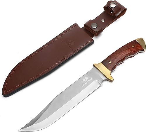 MOSSY OAK Cuchillo Bowie de 14 pulgadas mango de madera de hoja fija de espiga completa con funda de cuero