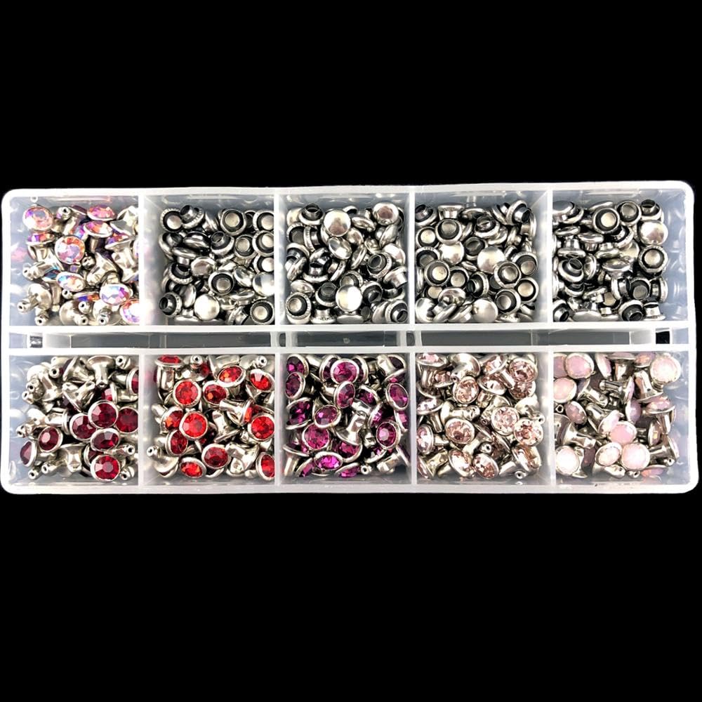 360 Sets 6 mm CZ++-Kristallnieten, versilbert, gemischte Farbflecken, Nieten, Doppelkappen-Punk-Spikes für Lederhandwerk, Mix 01