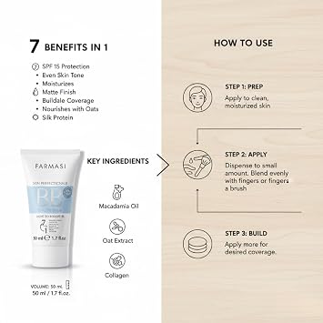 FARMASi BB Cream Beauty Balm, Tinted Moisturizer with SPF 15, Lightweight Matte Finish, Buildable Coverage Face Makeup, 1.7 fl oz, 02 Light to Medium