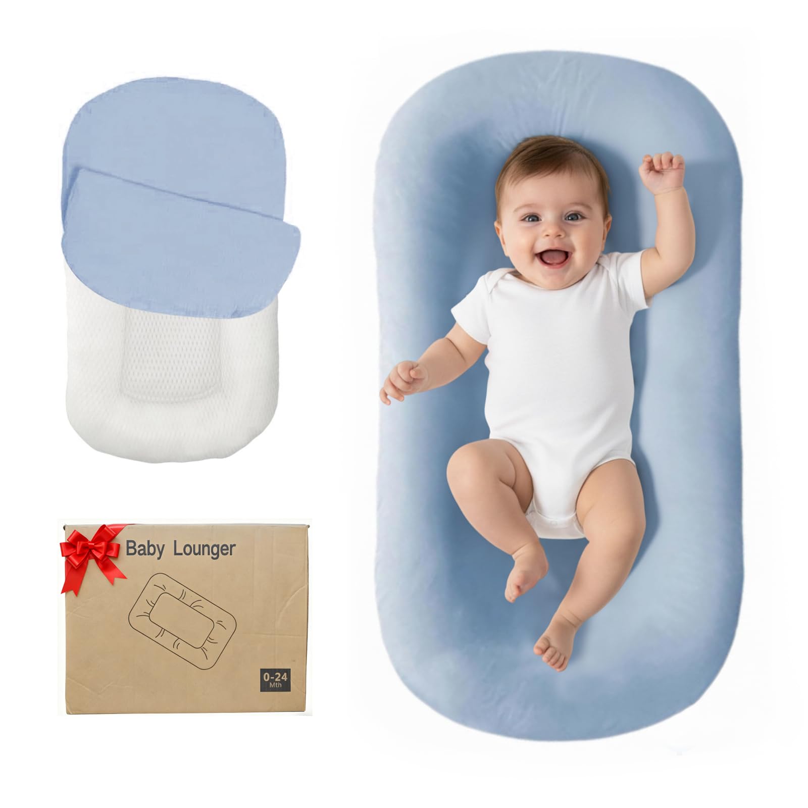 Baby Lounger, Bionic Design Baby Lounger for Newborn 0-24 Months, Soft Organic Cotton Breathable Lounger for Infants (Blue Newborn Lounger)