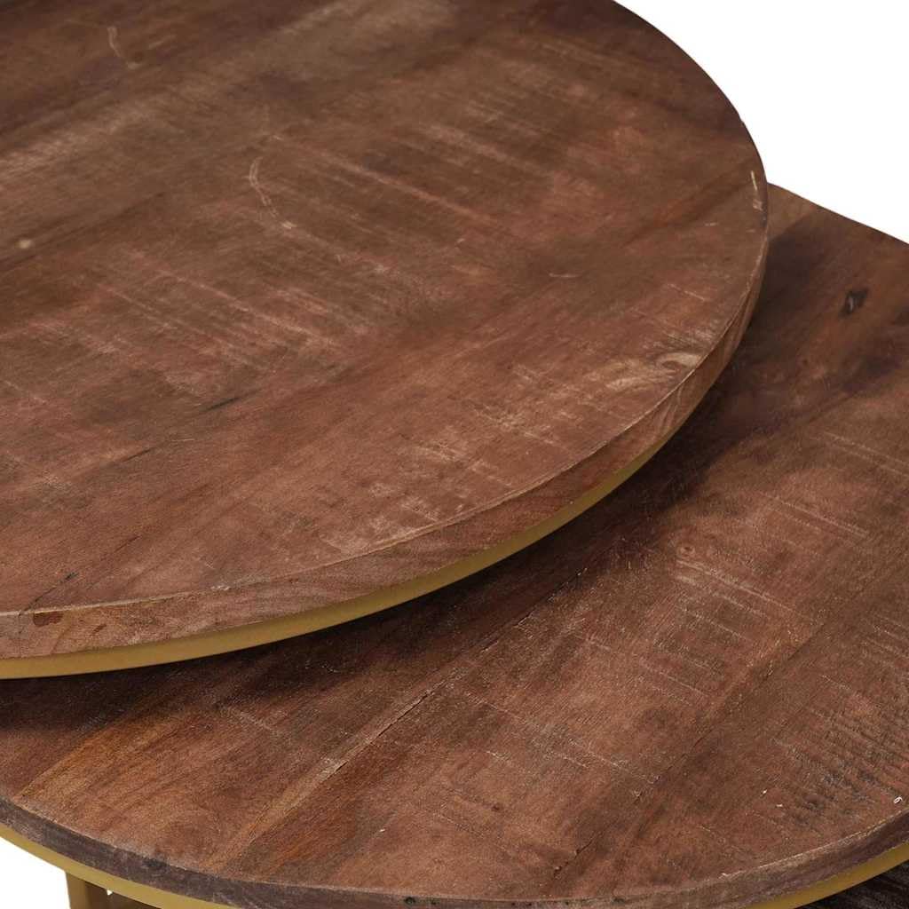 Nesting-Couchtische 2 pcs aus massivem Mangoholz und Stahl, runde Wohnzimmertische mit Ablagefach, Beistelltische für Sofa und Lounge, vielseitig nutzbar für Getränke, Deko und Stauraum