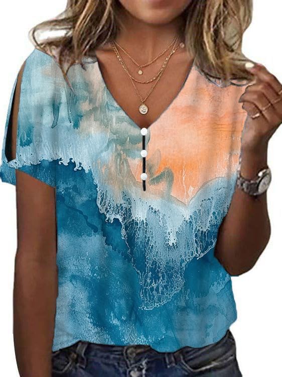 Boho Blouses for Women 2024 Gradient Marble Print Short Sleeve V Neck Cold Shoulder...