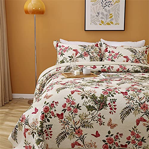 Abreeze Country Roses Patchwork Cotton Comforter Set Vintage Bedding Queen Size Quilt With 2 Shams Floral Print Queen Comforter Country Quilted Cotton Bedspread #TOP1