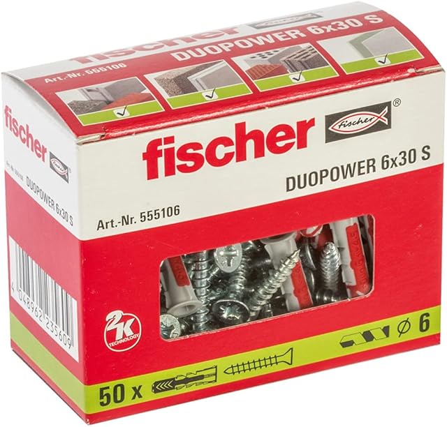 fischer 555106 DUOPOWER Wall Plugs With Screws, Red/Gray, 6x30 - 50 Pieces
