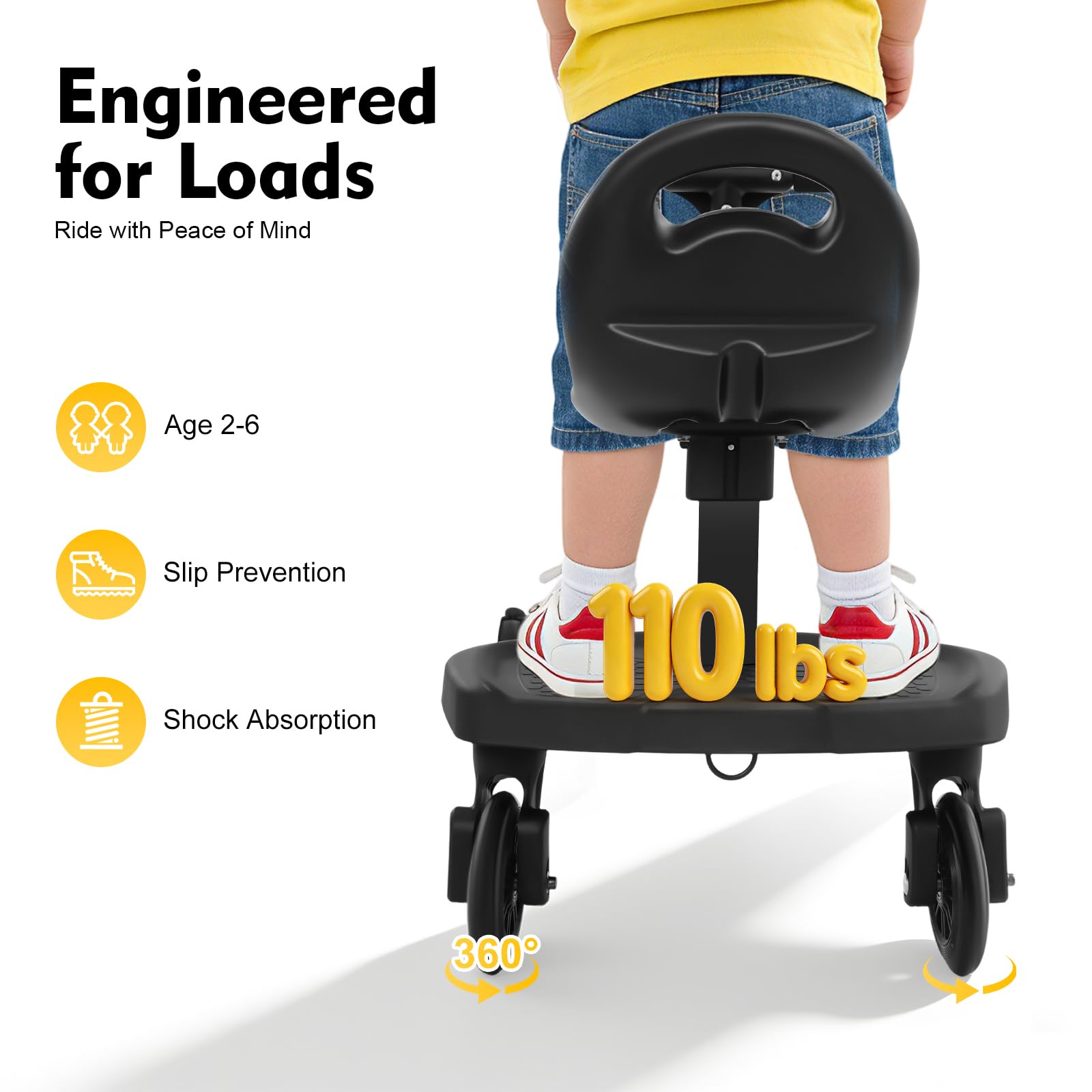 Pedana universale per passeggino, con sedile 2 in 1, portata 50 kg, per passeggino 2-6 anni, ruote girevoli a 360° con sospensioni, superficie antiscivolo