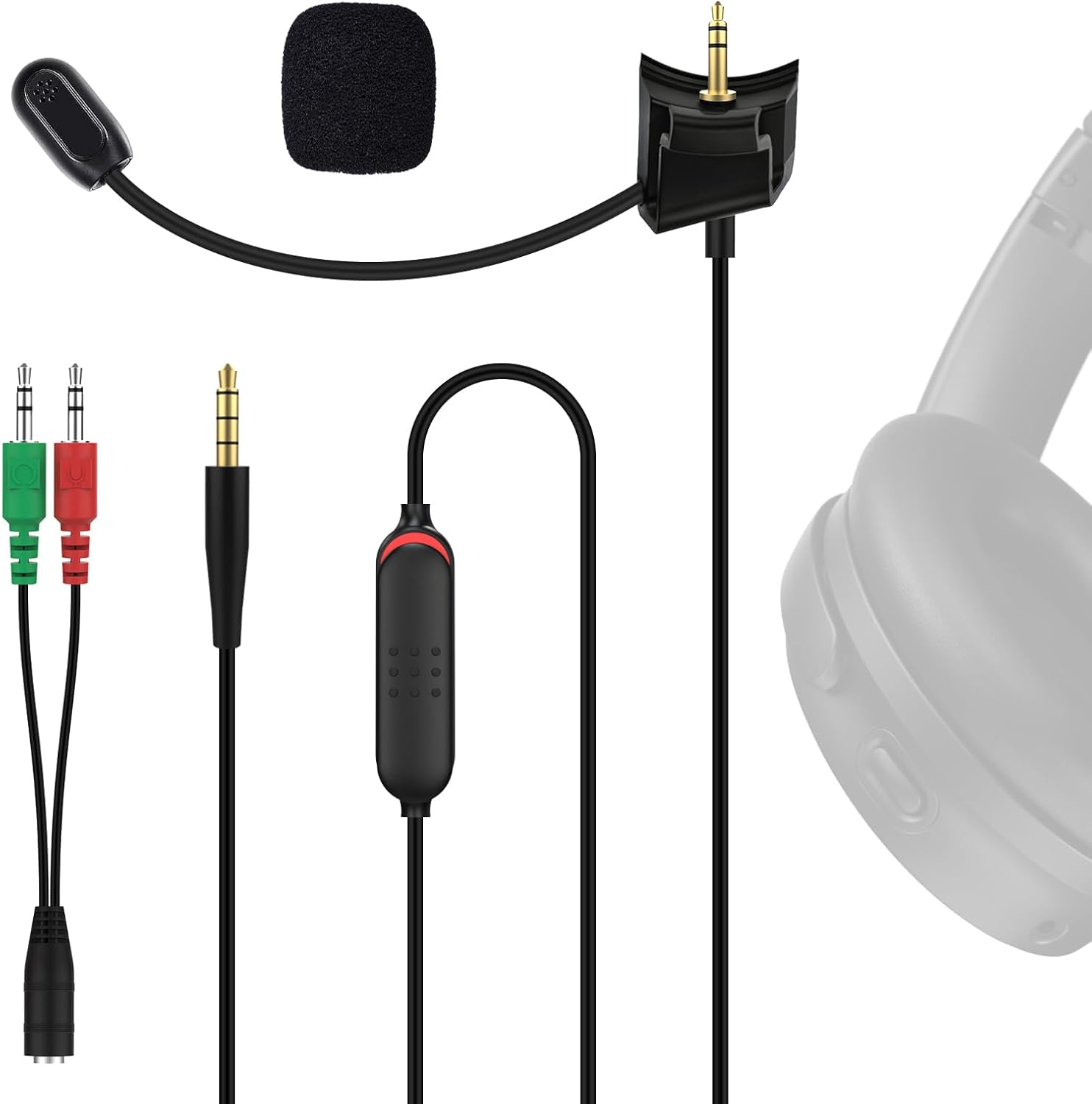 QC45 Microphone Compatible with Bose QC45 Wireless Noise Cancelling Headphones, Boom Gaming Microphone Cable with Mute Switch for PS4, PS5, PC, Xbox One Controller (QC45 Boom Mic, 3.5mm Y-Splitter)