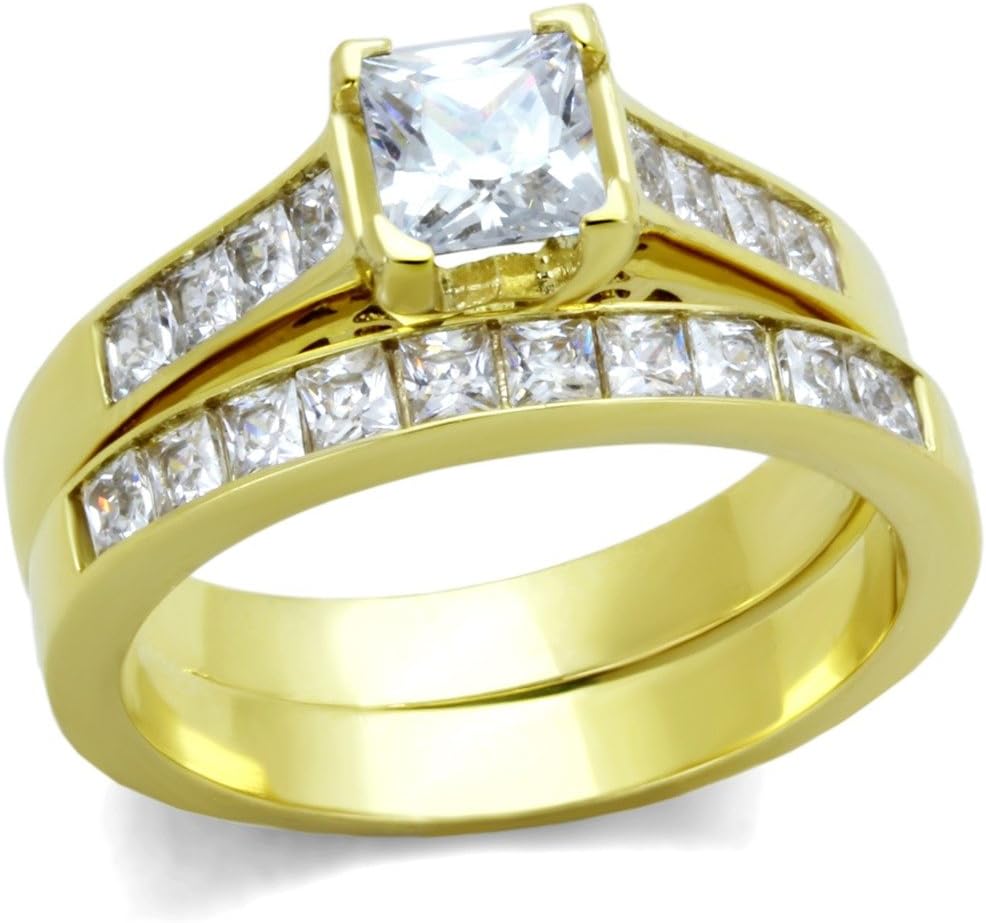 Lanyjewelry His Hers Couple Ring Set 14K Gold Plated Stainles Steel Womens Wedding Engagement Ring Set Mens Matching Stainless Steel Flat Band