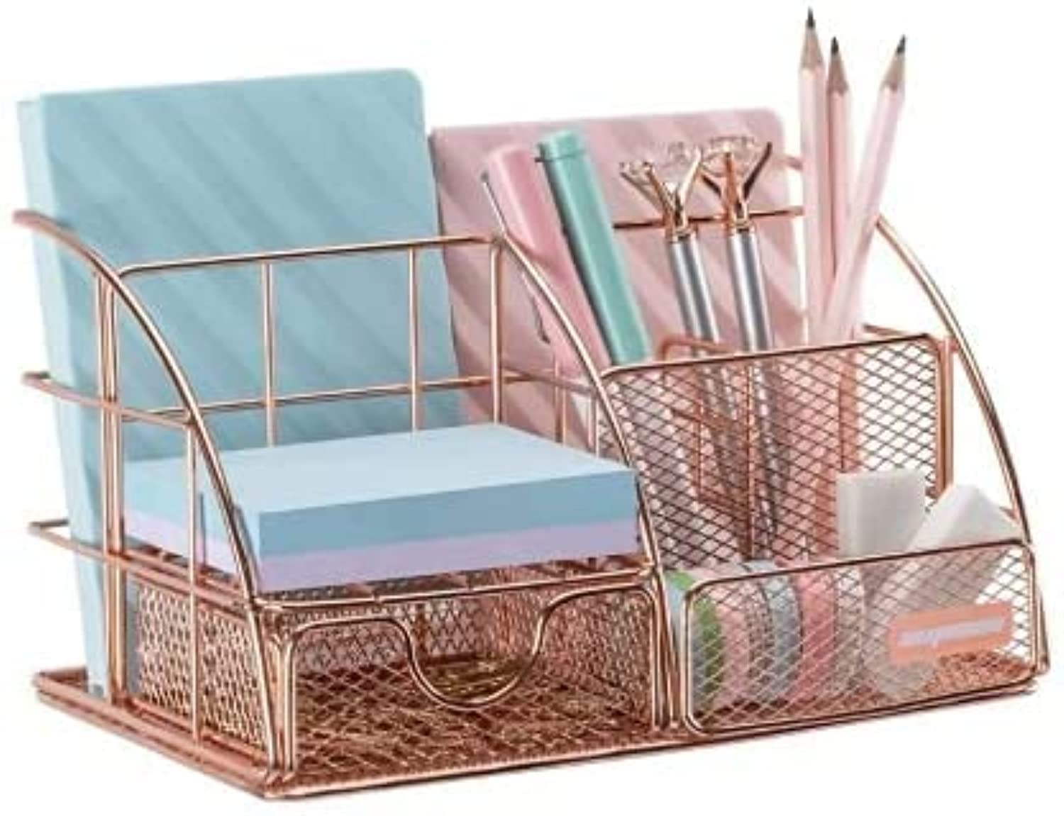 Rose Gold Desk Organizer, Cute Mesh Office Supplies Desk Accessories Holder Features 5 Compartments and 1 Mini Sliding Drawer for Office, Home and Dorm