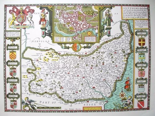 Mapa starego Suffolke - Suffolk - 42 cm x 55 cm - druk plakatu vintage