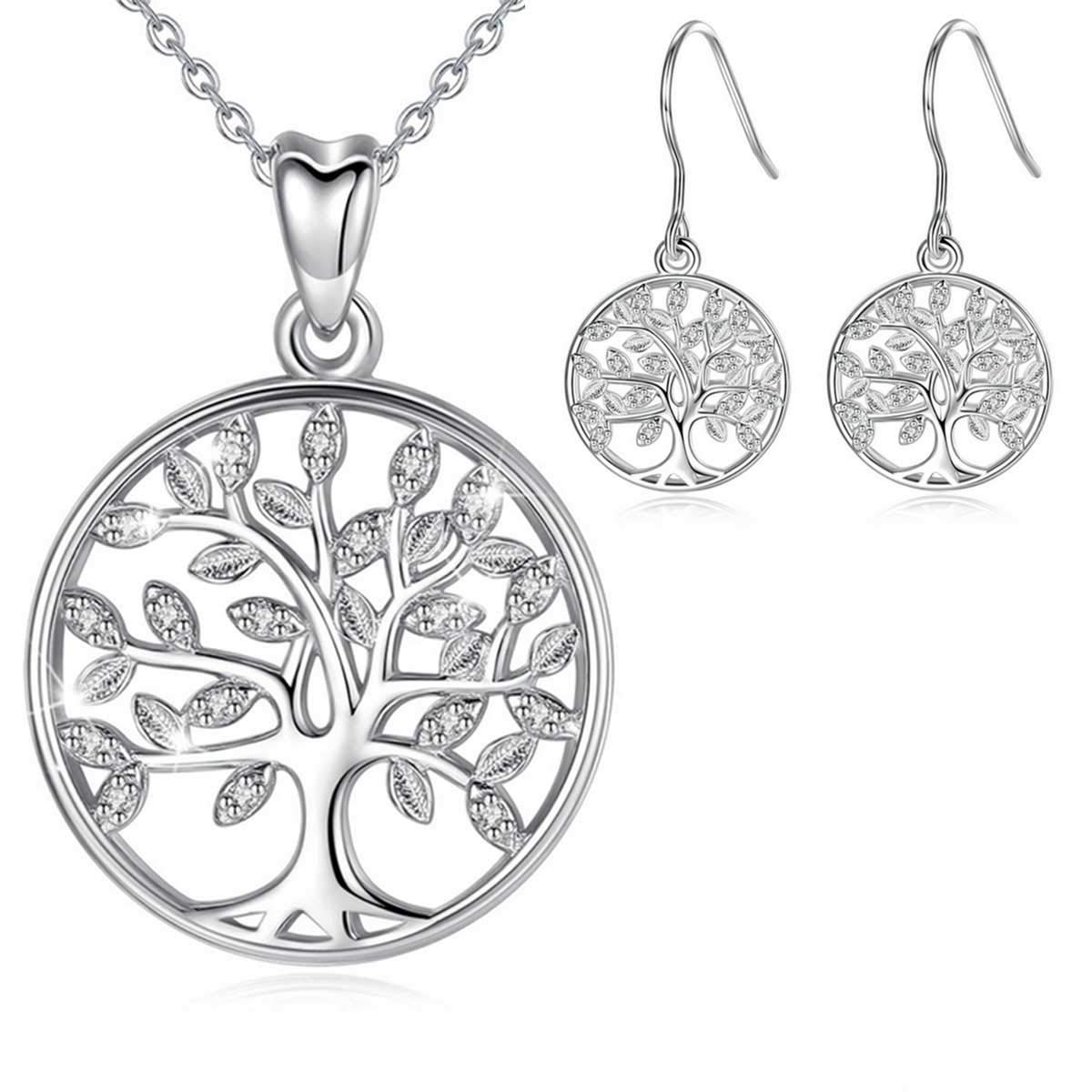 AEONSLOVESterling Silver Tree of Life Necklace & Earrings for Women, Family Tree Jewelry with CZ, 18" Chain