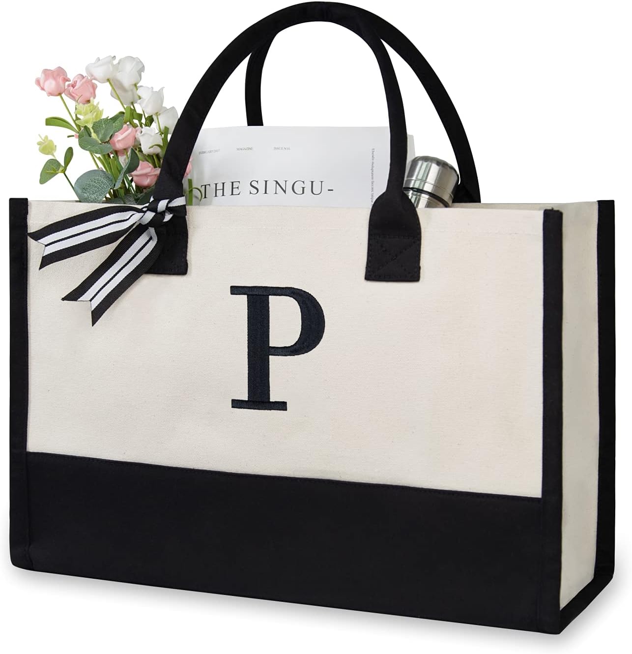 Personalized Initial Canvas Beach Bag, Monogrammed Gift Tote Bag for Women