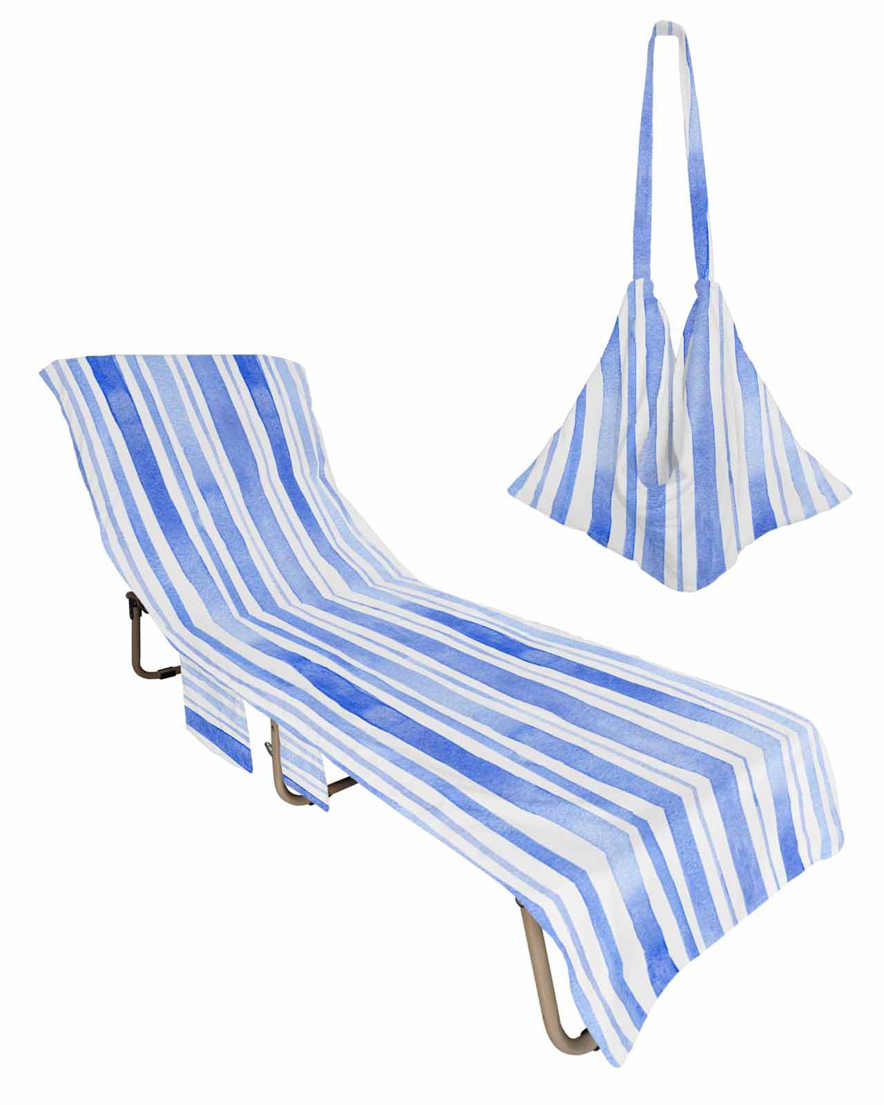 Blue Striped Beach Lounge Chair Towel Cover, Soft Chaise Lounge Towel with Side Pockets Patio Pool Chairs Cover for Beach/Pool Sunbathing 29x85 Watercolor Blue White Stripes