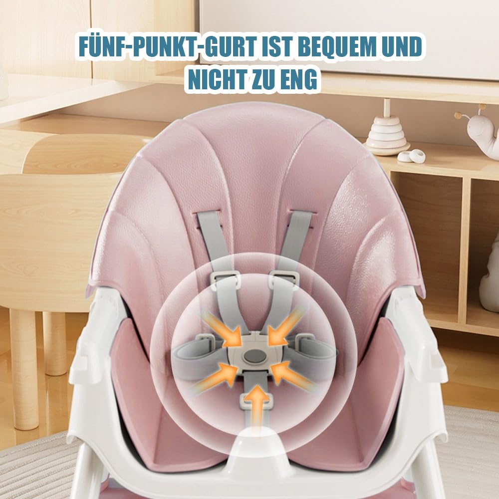 Chaise haute pour bébé 6 en 1 À partir de 6 mois Chaise haute avec ceinture de sécurité Pliable,réglable en hauteur, Amovible,avec roulettes,6 en 1,Rose