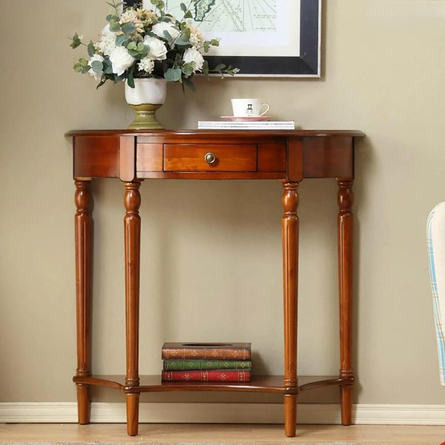 Terraphy Solid Wood Console Table with Drawer, Half-Moon Console Table, Vintage Hallway Table with Storage Shelf, Semi-Circular Sofa Table for Living Room (Cherry, 60 cm W x 30 cm D x 80 cm H)