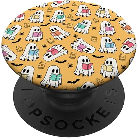 Cute Ghost Reading Books Retro Groovy Spooky Yellow Pattern PopSockets Adhesive PopGrip