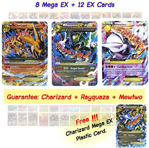 New Set 20 Cards 8 Mega EX + 12 EX Random Guarantee Charizard Rayquaza and Mewtwo Mega EX Free Charizard Mega EX Plastic Card