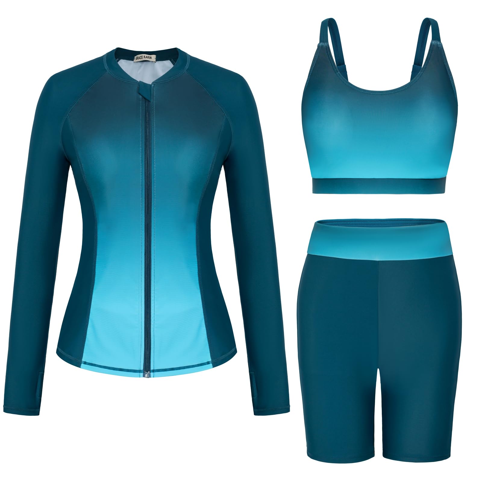 GRACE KARIN Rashguard Maillot de Bain 3 pièces à Manches Longues pour Femme avec Fermeture éclair Ensemble Tankini élégant avec Veste Vêtements de Surf Maillot de Bain