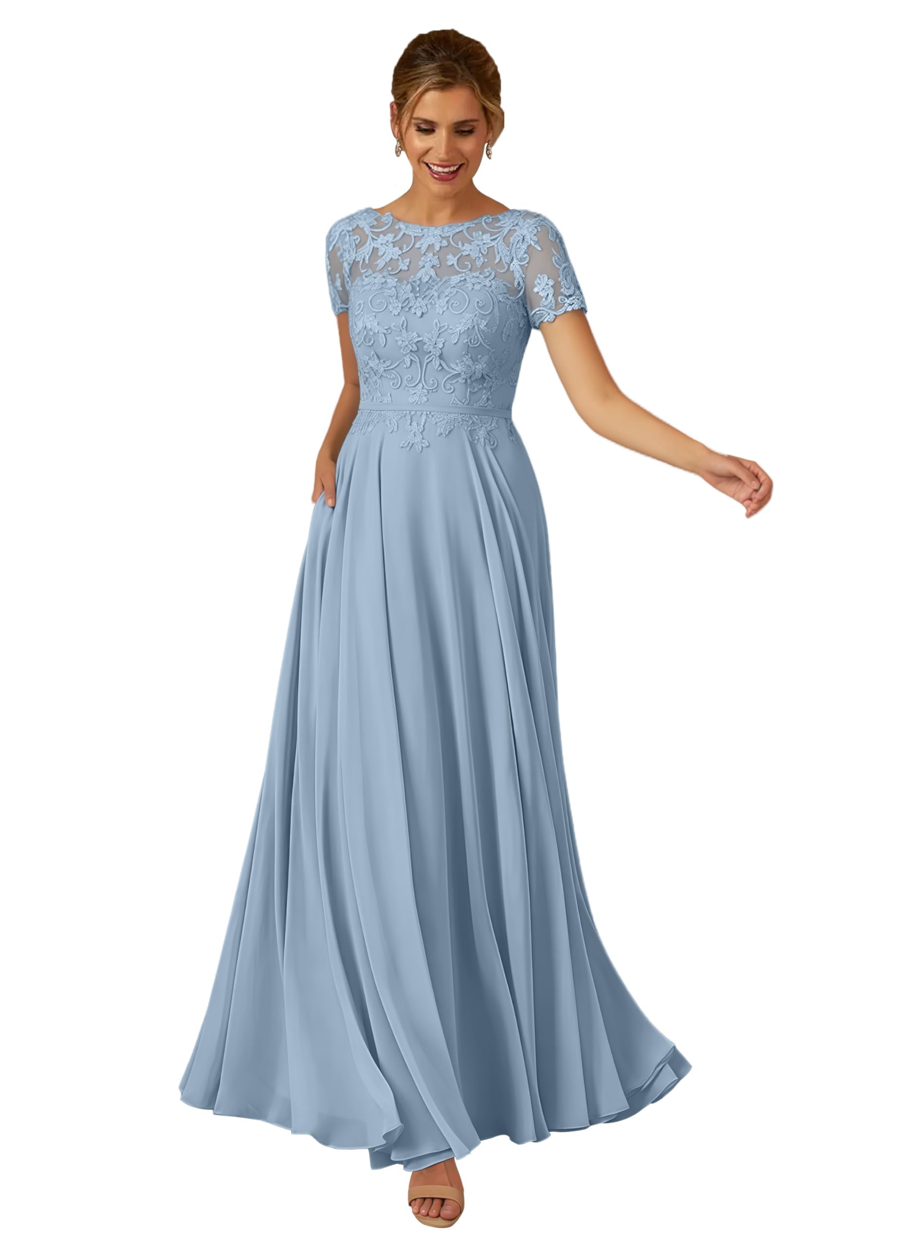 Mkojaa Short Sleeve Mother of The Bride Dresses for Wedding Sequin Lace Chiffon Formal Gown with Pockets EA030