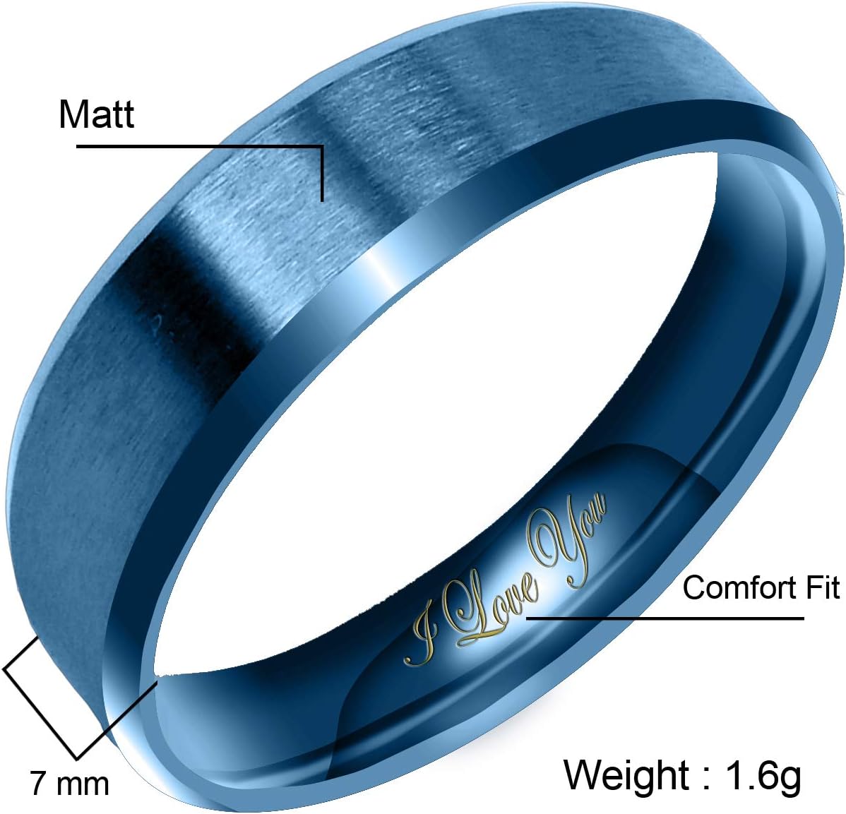 Everstone Women's Matte & Brushed 5MM & 7MM Flat Beveled Edge Promise Ring Wedding Bands Titanium Ring Color: Blue Engraved I Love You