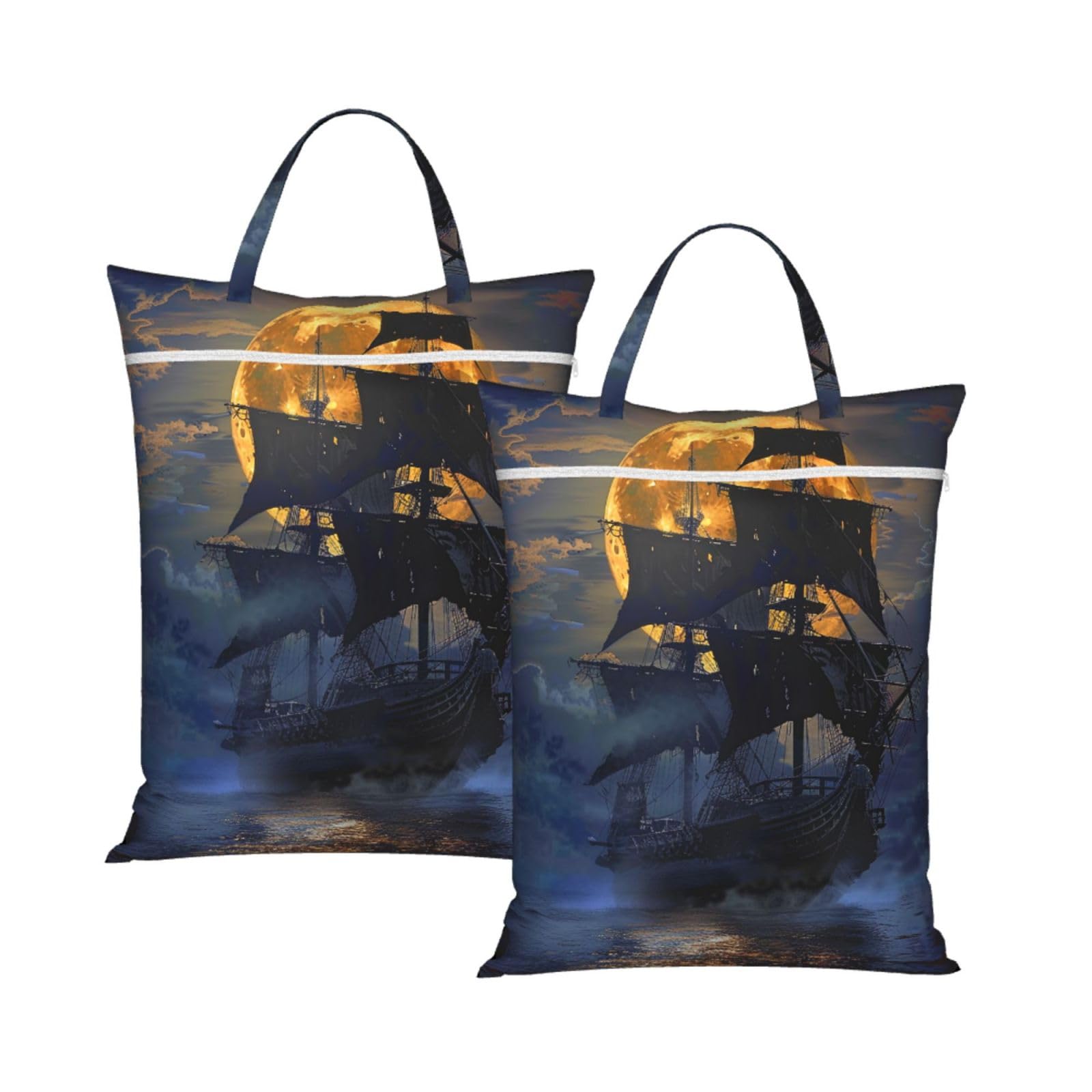 Large Travel Laundry Bags,Pirate sailboat full moon Print with Handle Foldable Laundry Bag for Holidays Gym Swimming and Family Trips, 2Pcs