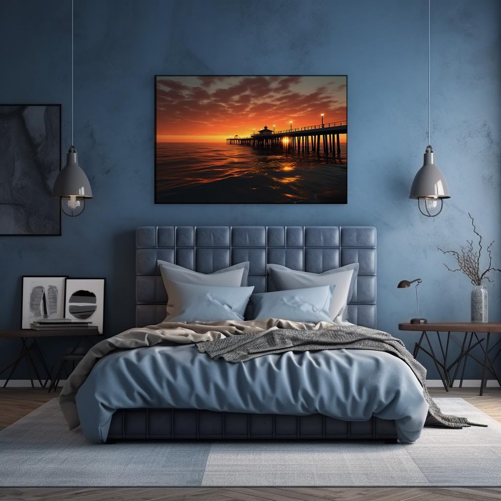 Canvas for Living room. Sunset Serenade on the Ocean Pier: A Vision of Tranquil Beauty, 27 x 18 inch Canvas Wall Art - Contemporary Masterpieces - Modern Home Decor