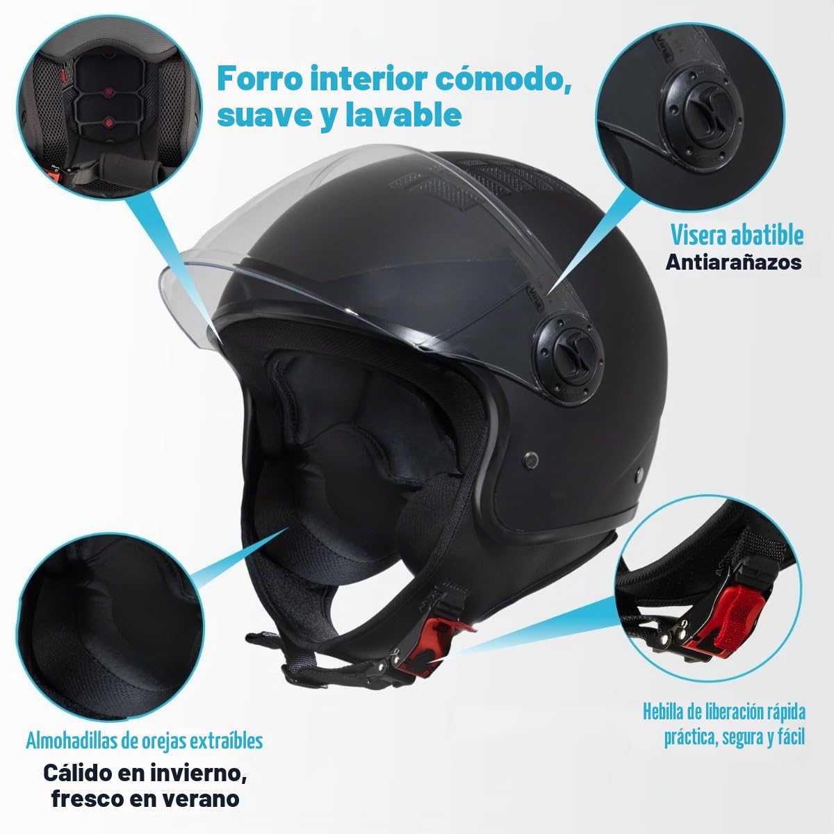 VINZ Como Casco Jet con Visera | Casco Scooter & Moto & Ciclomotor | ECE 22.06 Homologado | En Tamaño XS - XL | para Hombre y Mujer - Negro Mate