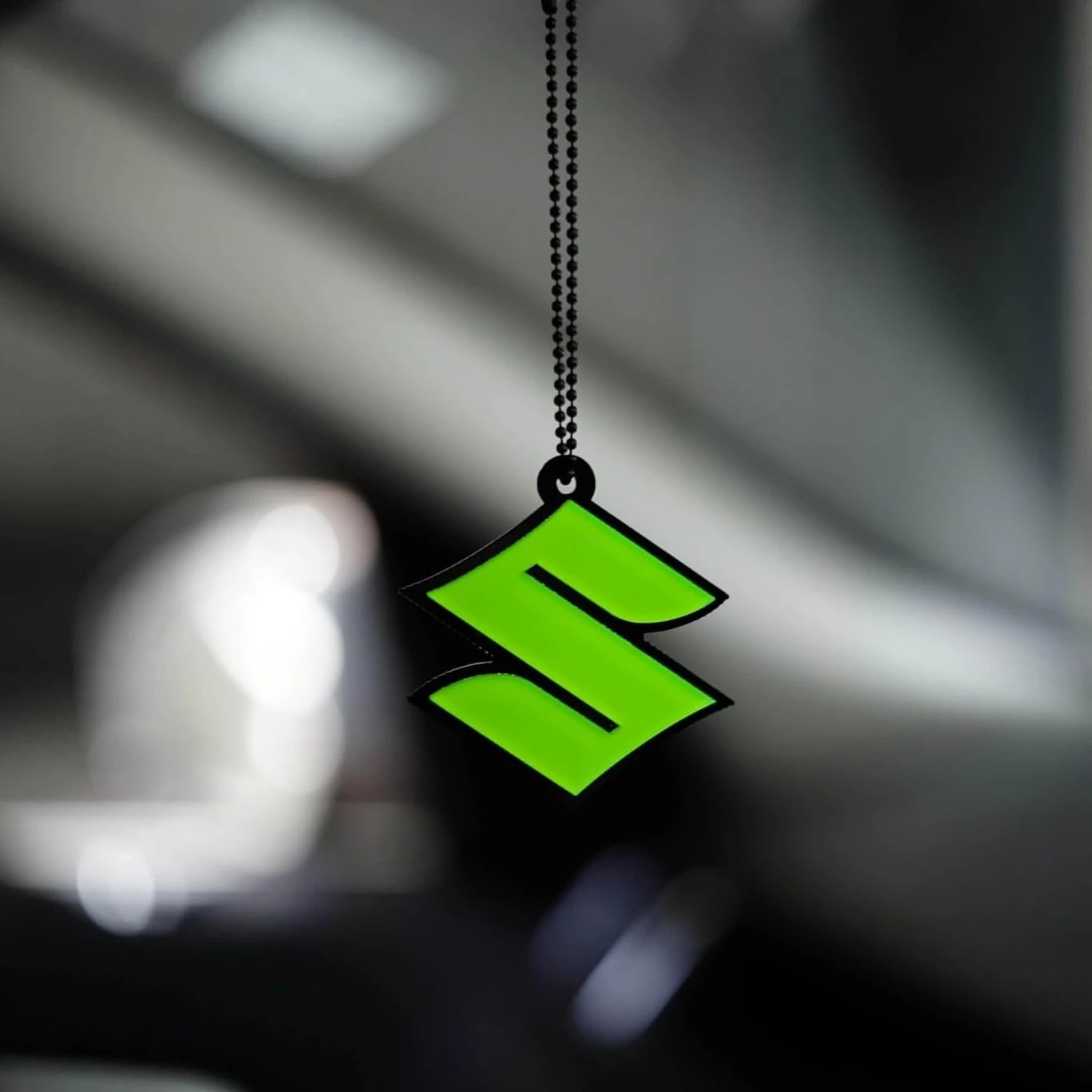Suzuki S Logo Car Mirror Hanging Ornament Fluorescent Green Triple Layer 3D Acrylic with Adjustable Black Metal Ball Chain
