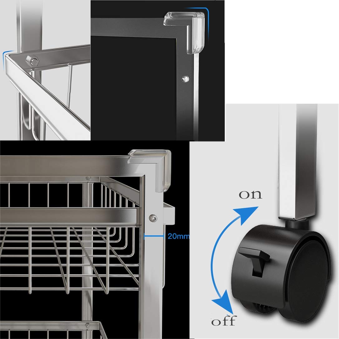 ZYFA Carrello Cucina a 3 Piani Servizio,con Rotelle Bloccabili, Scaffale Portaoggetti Mobile in Acciaio,Carrello Portaoggetti Multiuso, Carrello Salvaspazio, Scaffale Rete Metallica Contenitori