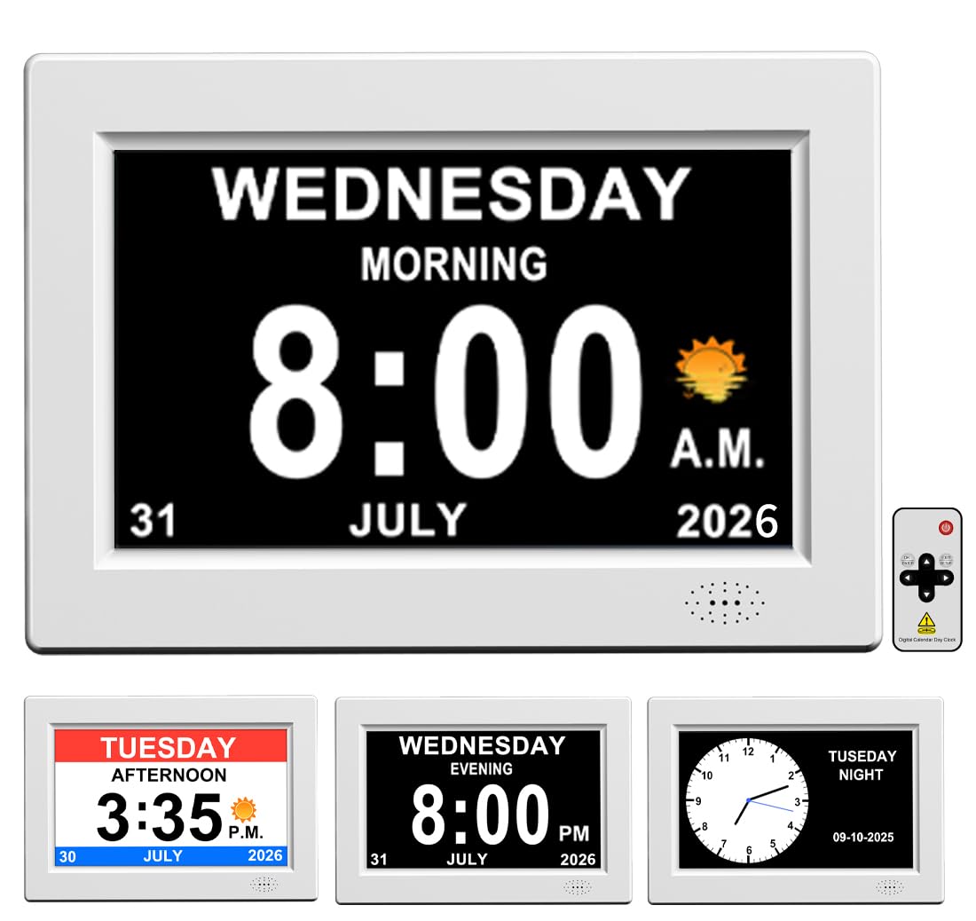 MOIMRYESO 8Inch White Digital Dementia Clock, Large Display Calendar Clock, 15 Medication Reminders, Auto DST, Auto Brightness Adjustment, Equipped with Remote Control