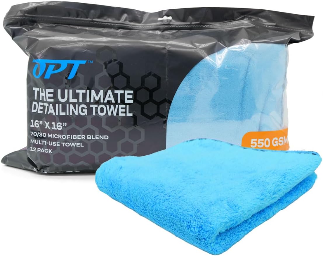 Optimum The Ultimate Detailing Towel – Microfiber Car Detailing Towel, 550 GSM, 16” x 16”, 70/30 Blend – 12 Pack, Blue