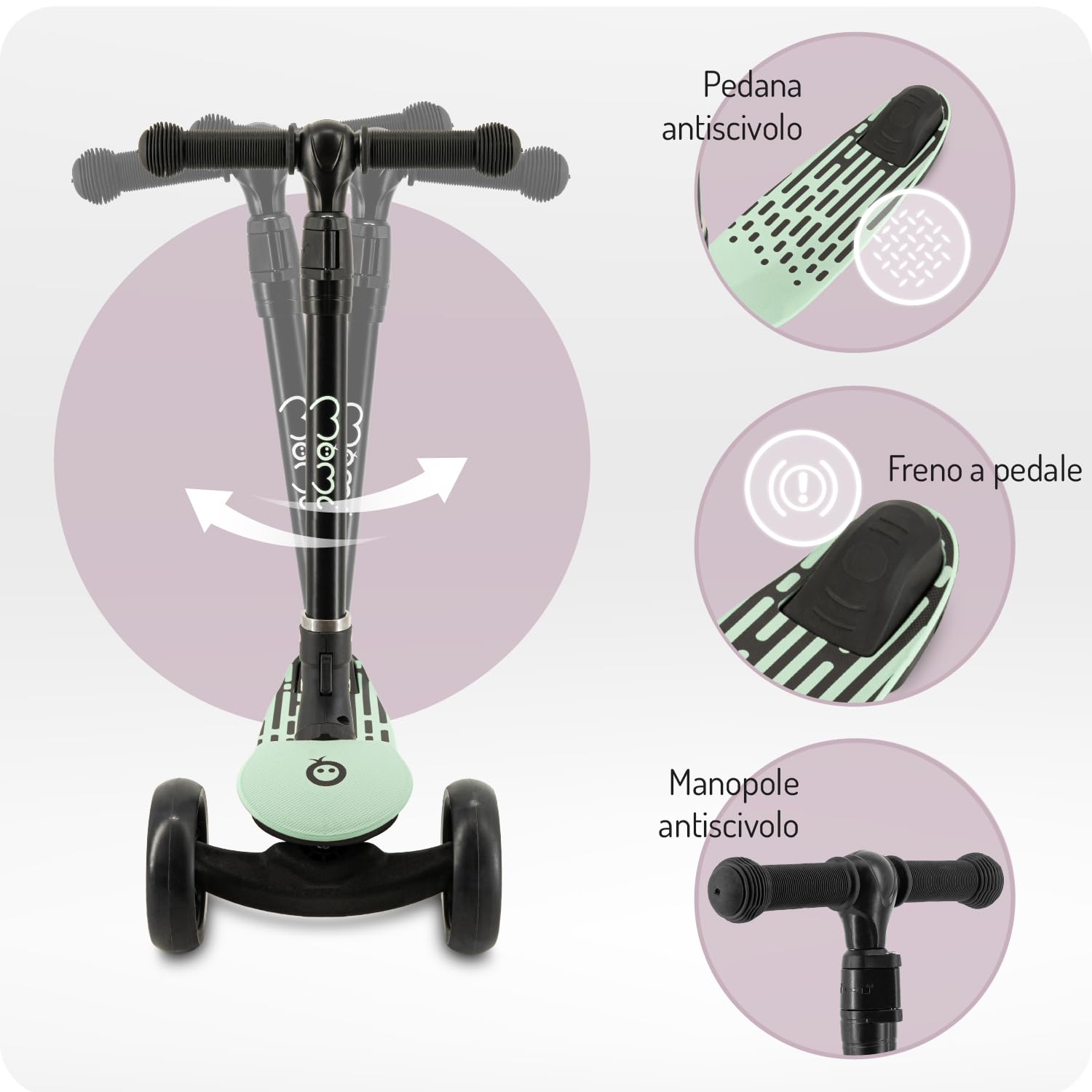 Monopattino bambini 3 ruote MoMi SAN 2 in 1, manubrio regolabile (60/66/72 cm), pieghevole, ruote LED con cuscinetti ABEC-7, freno a pedale, leggero 2,7 kg