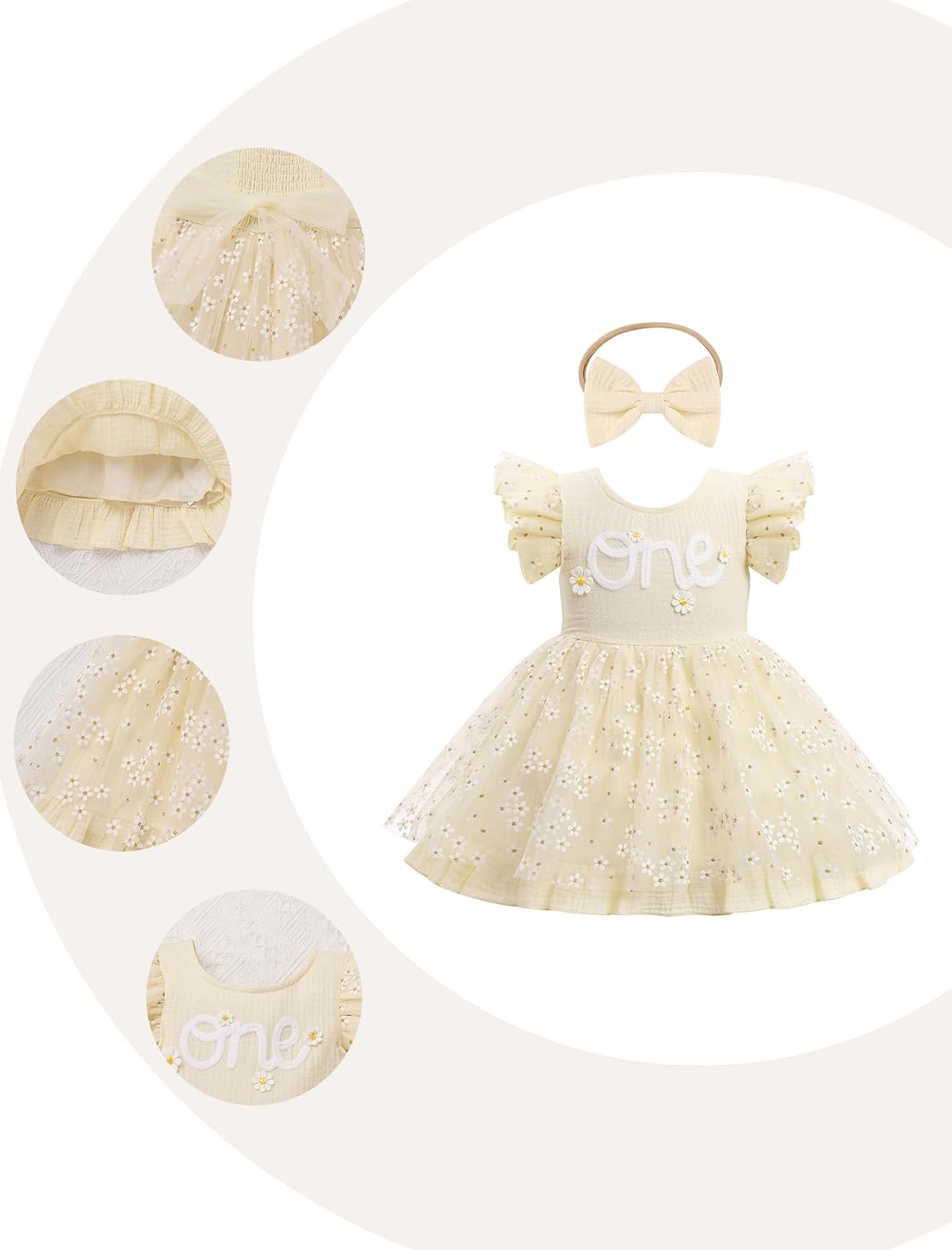 IBTOM CASTLE Baby Girl First Birthday Outfit Ruffle Daisy Tulle Tutu Dress Bow Headband Cake Smash One Year Old Clothes