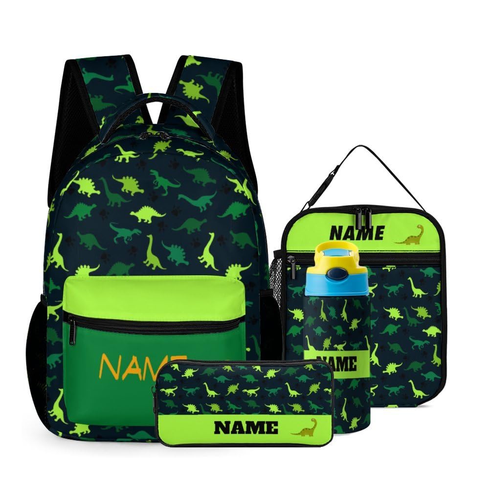 MLIANCEN Custom Green Cute Dinosaur Backpack Set 4 in 1 Personalized Add Your Name School Bag with Lunch Bag Pencil Case Water Bottle Customized