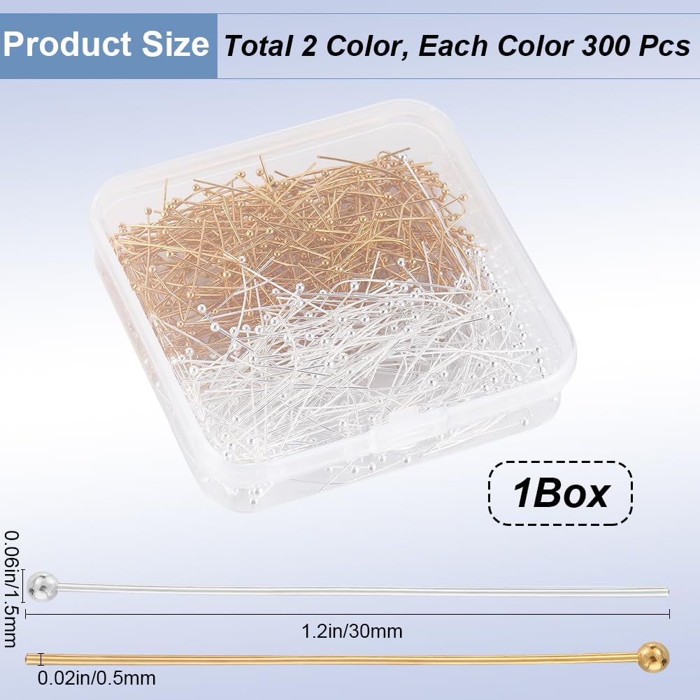 SOFPLATE 1 Box 600Pcs Gold Earring Pins Silver Head Pin Jewelry Brass Small Round Ball Head Pin Findings Long Headpins for Jewelry Making Earrings Charms Bracelets Accessories Supplies DIY Crafts