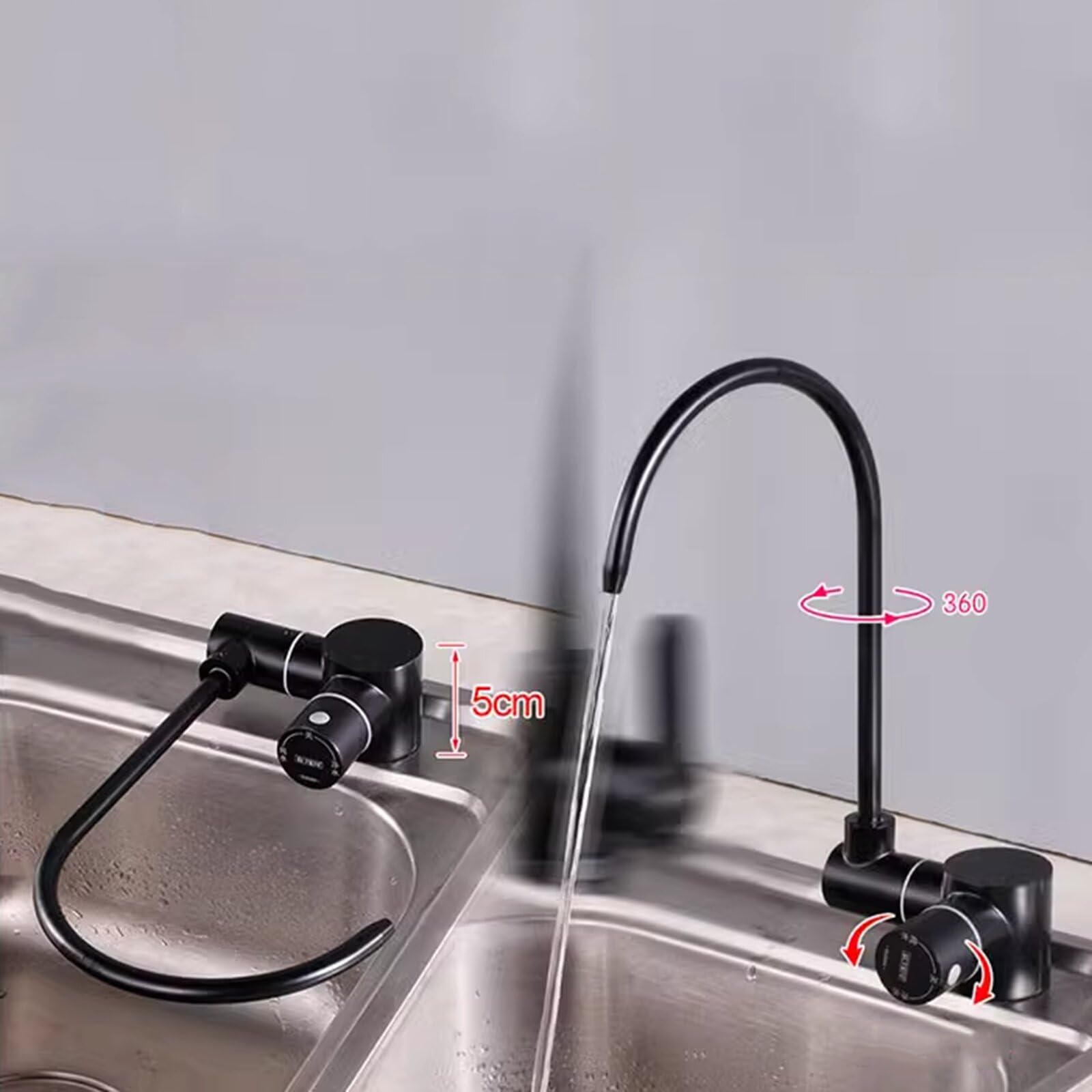 Grifo de cocina de ósmosis dual giratorio de 360°, cuello de cisne de acero inoxidable, purificación de agua, diseño abatible, acabado gris potable, conexión de 1/4 pulgadas