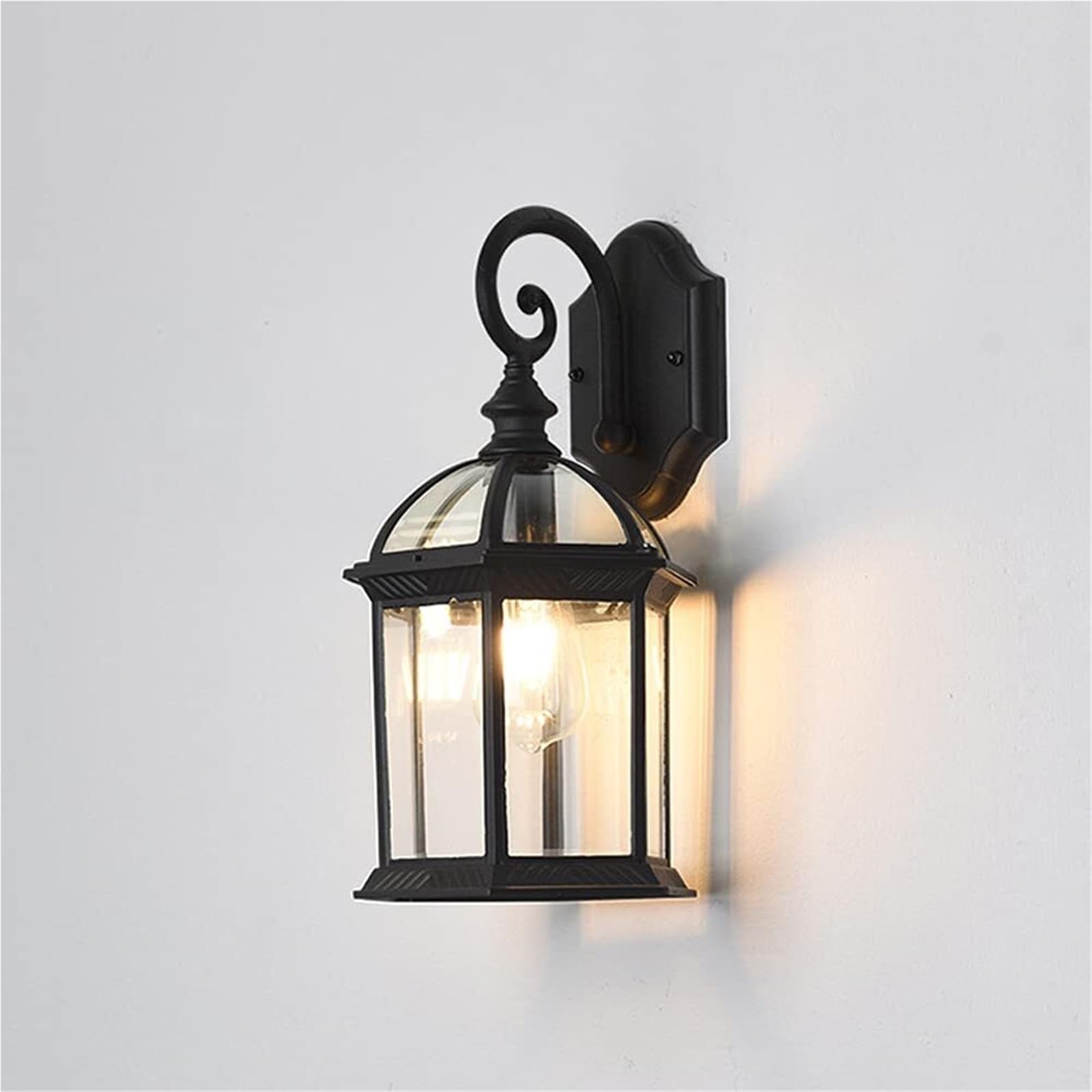 Zewnętrzna latarnia ścienna z przezroczystymi szklanymi panelami, wodoodporna czarna lampa ścienna, vintage lampa zewnętrzna na ganek, patio i ogród.