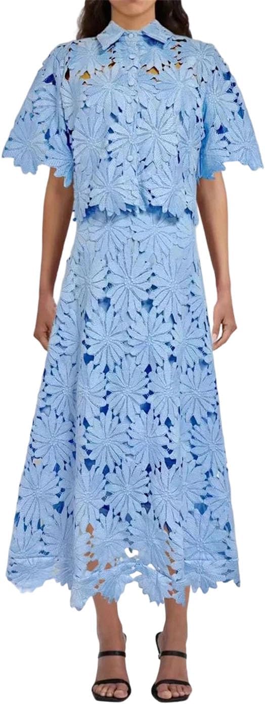 Women Hollow Out Two Piece Skirt Set Lapel Short Sleeve Button Top High Waist Skirt